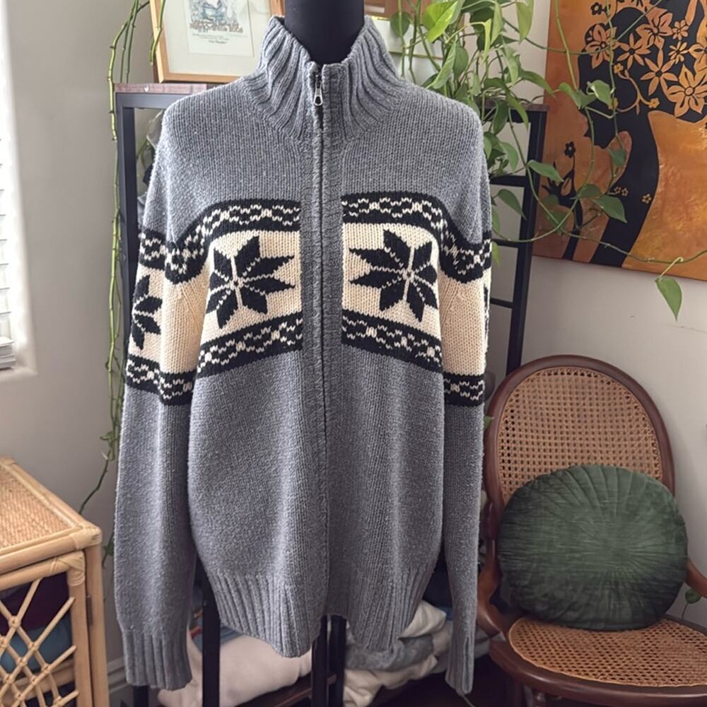 Vintage J Crew Gray Lambs Wool Preppy Fair Isle Nantucket Zip Cardigan Sweater